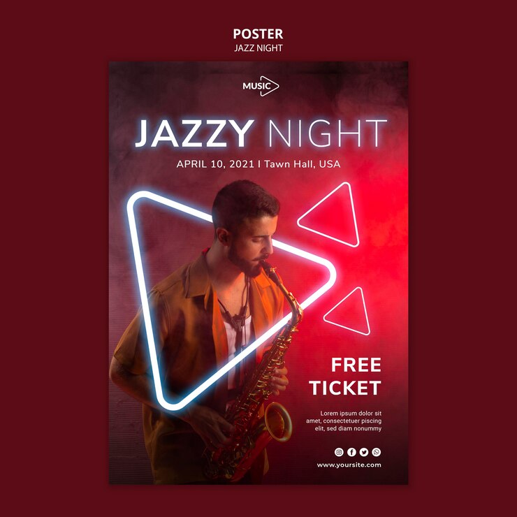 Free PSD vertical poster template for neon jazz night event