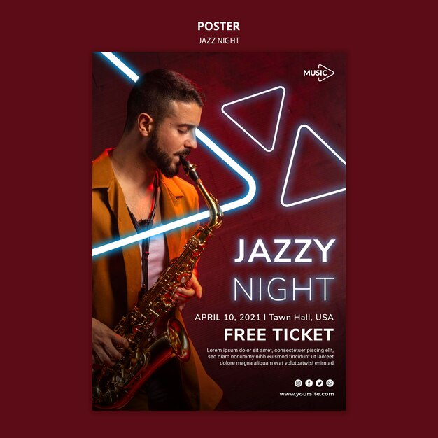 Vertical poster template for neon jazz night event