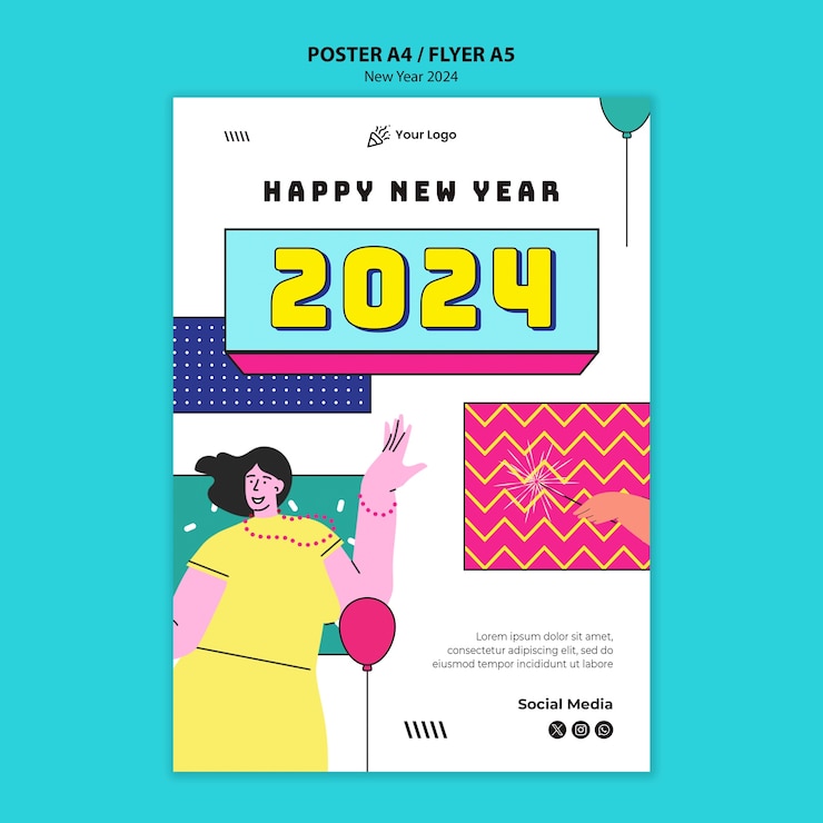 Free PSD vertical poster template for new year 2024 party celebration