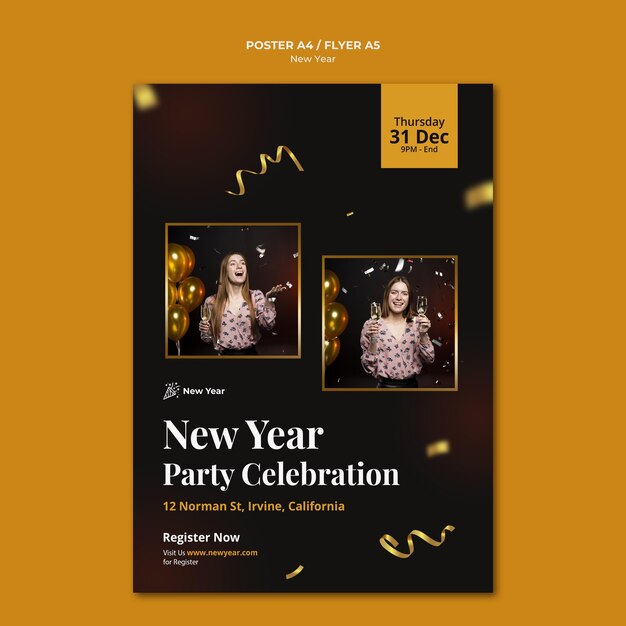 女性と紙吹雪との新年パーティーの縦のポスターテンプレート