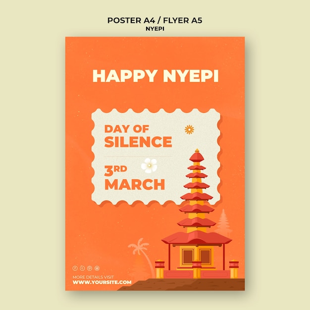 PSD gratuito modello di poster verticale per la celebrazione di nyepi con il tempio