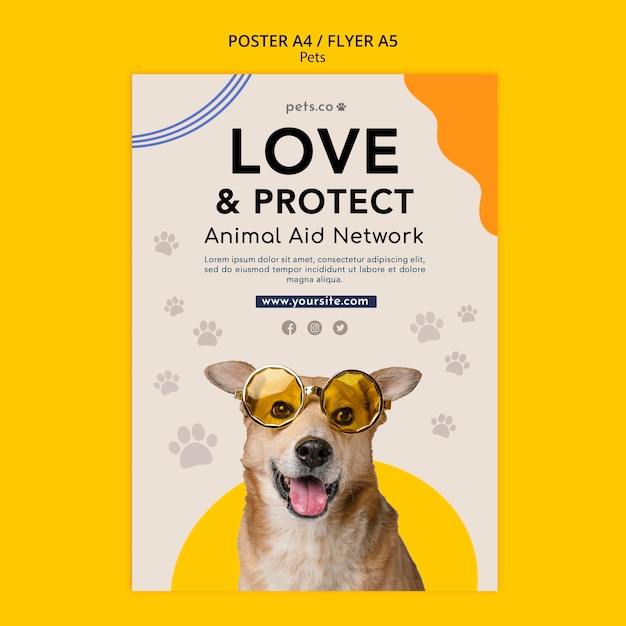Modello di poster verticale per l'adozione di animali domestici con cane