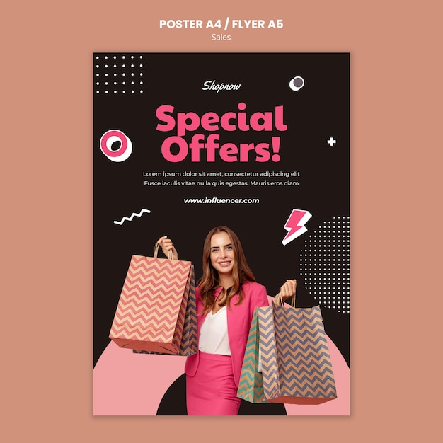 Modello di poster verticale per le vendite con donna in abito rosa