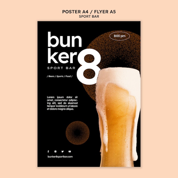 Vertical poster template for sport bar with beer free PSD, download