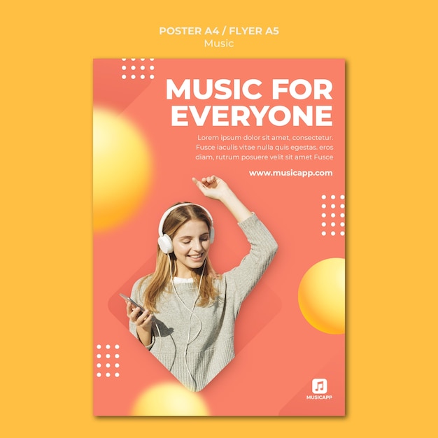 Free PSD vertical poster template for streaming music online with woman wearing headphones