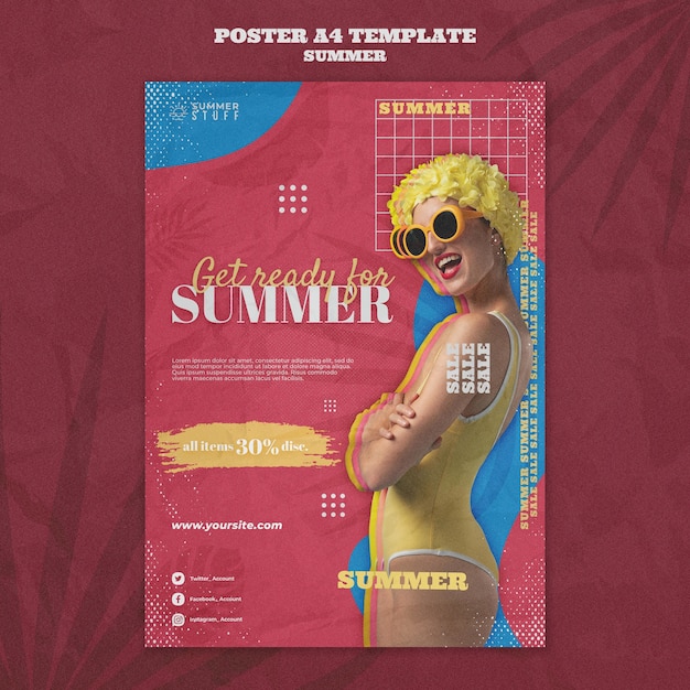 PSD gratuito modello di poster verticale per saldi estivi con donna