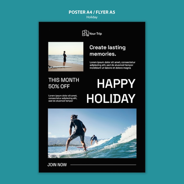 Free PSD vertical poster template for surfing vacation