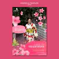 Free PSD vertical poster template for traveling to japan with woman and cherry blossom