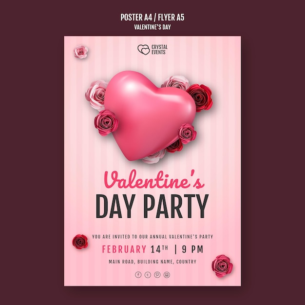 Vertical poster template for valentine's day with heart and red roses