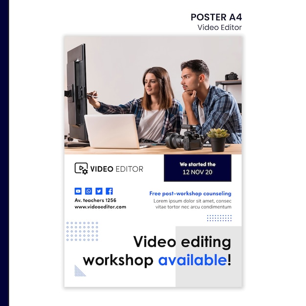 PSD gratuito modello di poster verticale per workshop di editing video