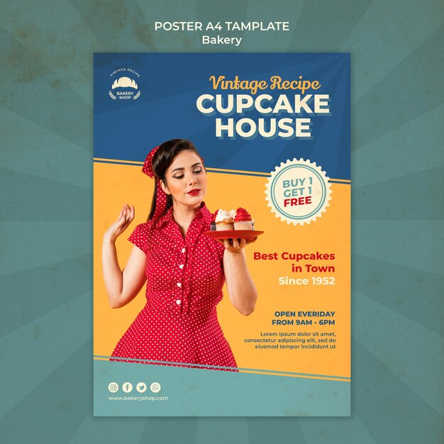 vertical poster template for vintage bakery shop with woman