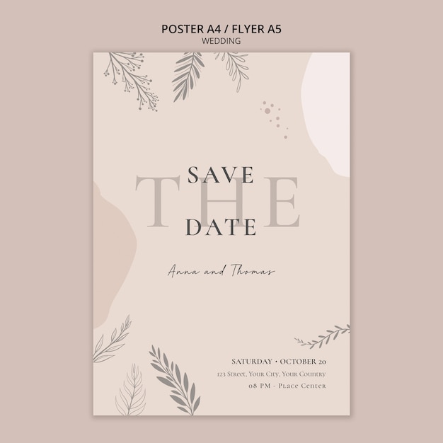 Free PSD vertical poster template for wedding with vegetation