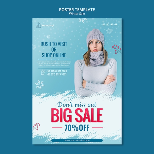 vertical poster template for winter sale with woman and snowflakes
