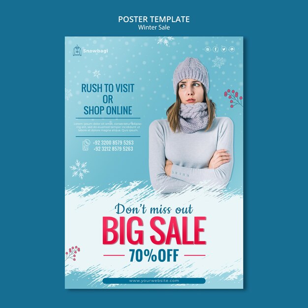 女性と雪片と冬の販売のための垂直ポスターテンプレート