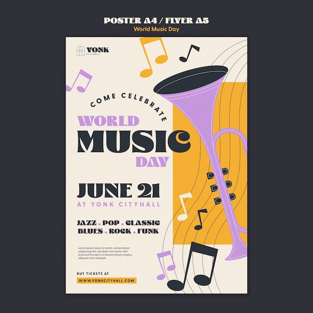 PSD gratuito modello di poster verticale per la celebrazione della giornata mondiale della musica