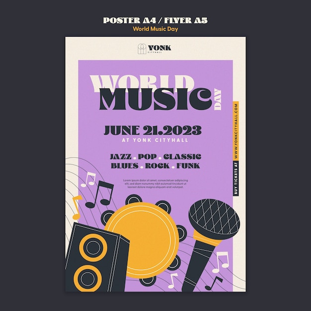 世界音楽の日祝賀のための垂直ポスターテンプレート