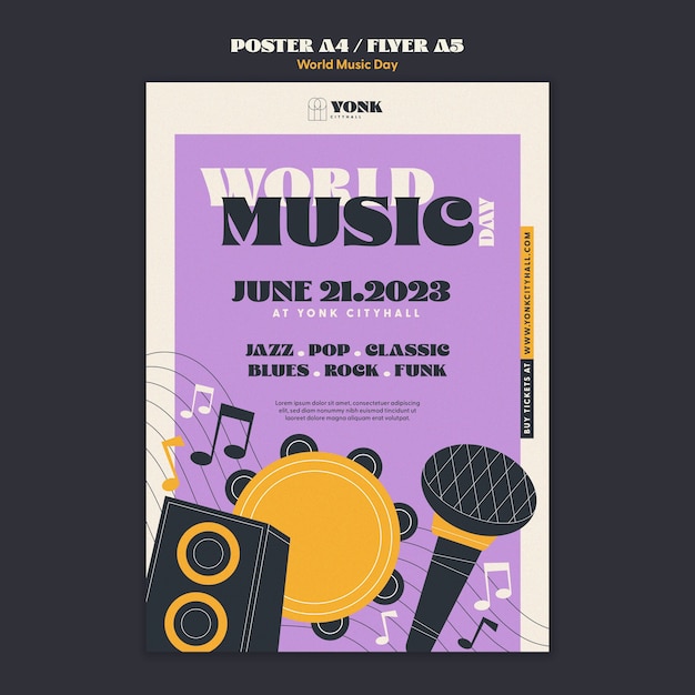 Modello di poster verticale per la celebrazione della giornata mondiale della musica