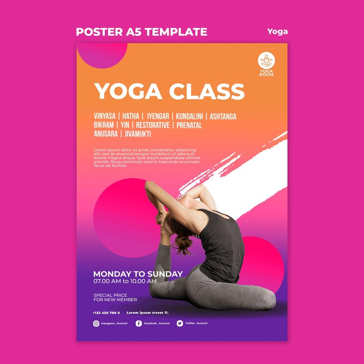 Free PSD vertical poster template for yoga class with woman