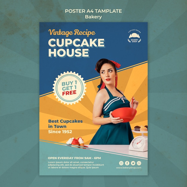 Free PSD vertical poster for vintage bakery shop with woman