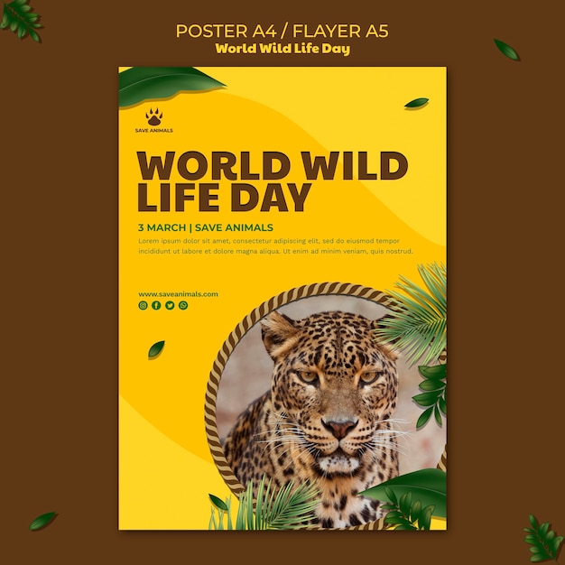 PSD gratuito poster verticale per la giornata mondiale della fauna selvatica con animali