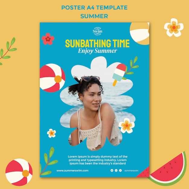 Free PSD vertical summer poster template with beach ball and watermelon