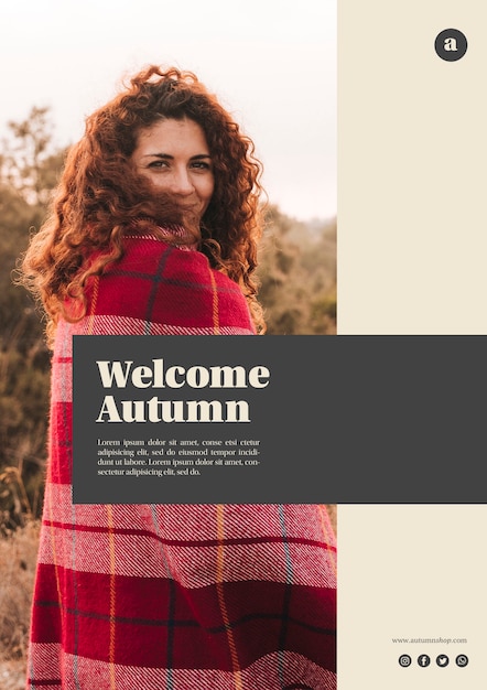 Free PSD vertical welcome autumn web template with curly hair woman