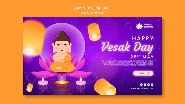 PSD gratuito modello di banner orizzontale vesak day con lanterne di carta