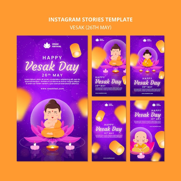 Free PSD vesak day instagram stories collection with paper lanterns