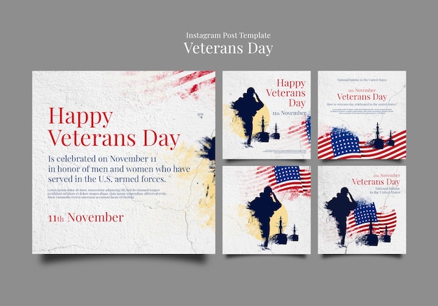 PSD gratuito collezione di post di instagram del giorno dei veterani con texture di cemento incrinato
