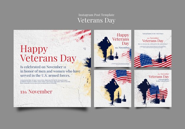 Veterans day instagram posts collection with cracked concrete texture