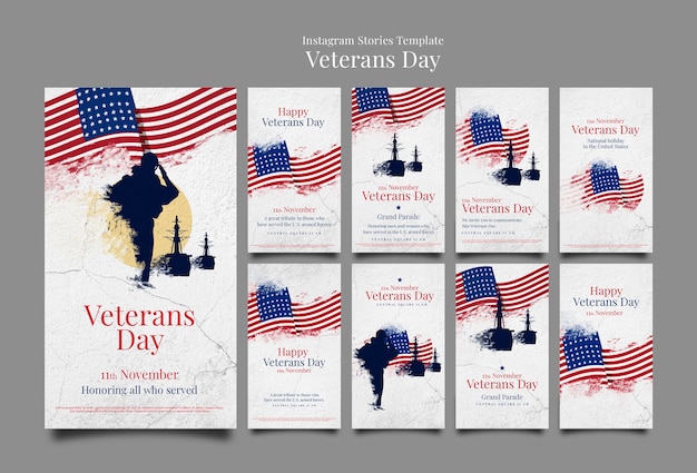 Veterans day instagram stories collection with cracked concrete texture