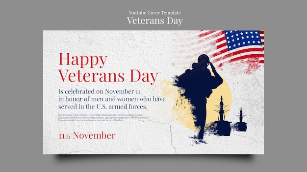 Free PSD veterans day youtube cover template with cracked concrete texture