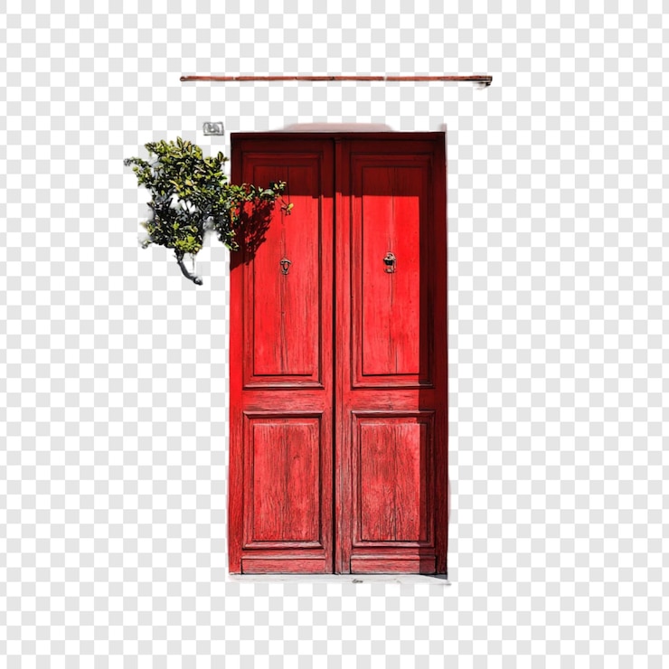 Free PSD vibrant red wooden door with greenery