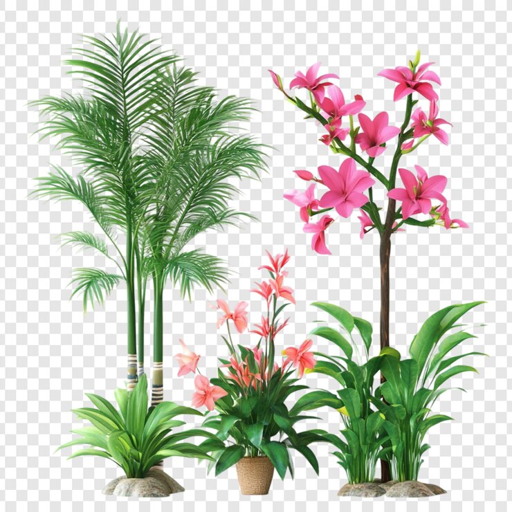 Free PSD vibrant tropical plants collection palm trees pink flowers and lush greenery