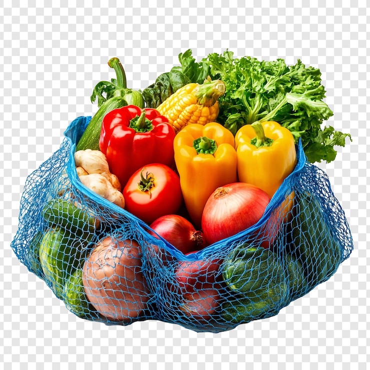Free PSD vibrant veggie harvest fresh produce in a blue net bag
