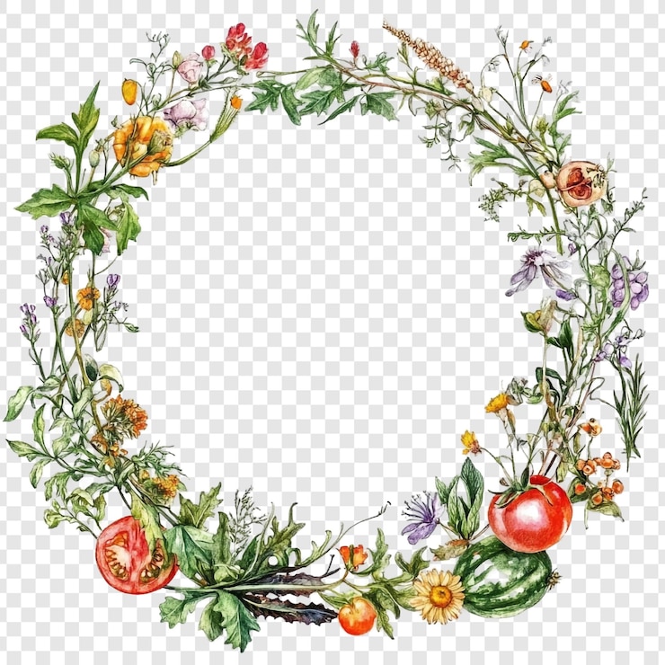 Free PSD vibrant watercolor floral wreath with summer vegetables