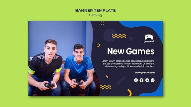 PSD gratuito modello orizzontale dell'insegna del videogioco con la foto