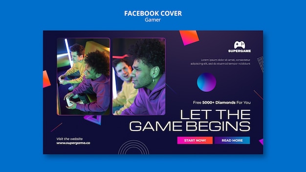 Free PSD video gaming social media cover template with gradient geometric forms