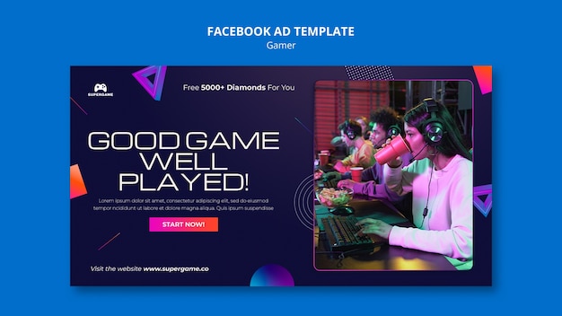 Free PSD video gaming social media promo template with gradient geometric forms