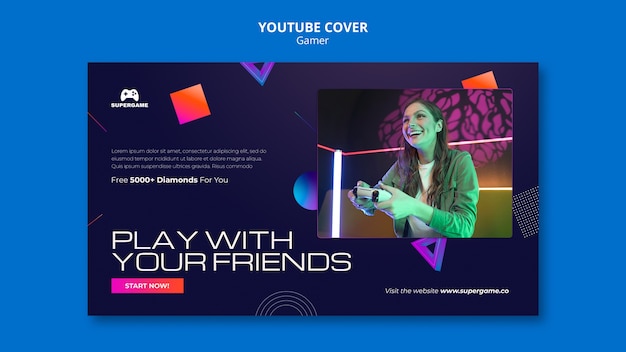 Free PSD video gaming youtube cover template with gradient geometric forms