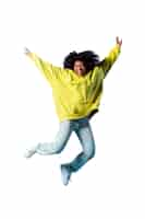 Free PSD view of happy woman jumping in mid-air