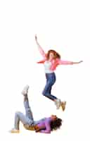 Free PSD view of happy woman jumping in mid-air
