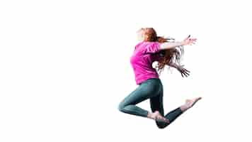 Free PSD view of happy woman jumping in mid-air