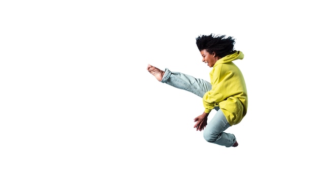 Free PSD view of happy woman jumping in mid-air