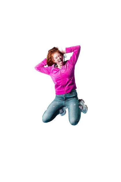 Free PSD view of happy woman jumping in mid-air