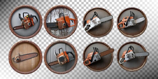 vintage chainsaws collection on rustic backgrounds