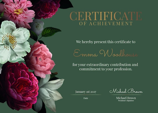 Free PSD vintage floral certificate template psd in luxury style