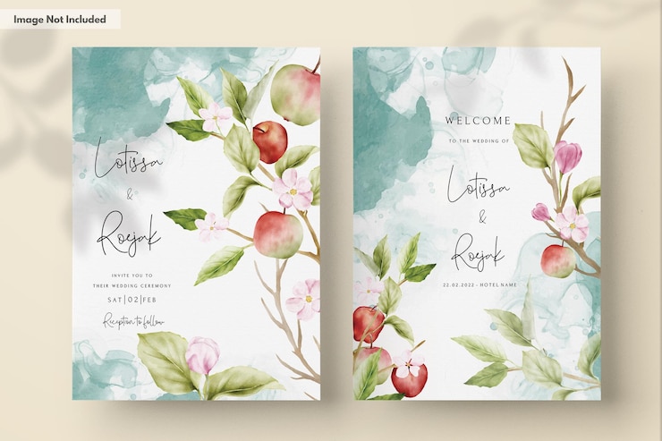 Free PSD vintage floral watercolor botanical apple and pink flower wedding invitation template