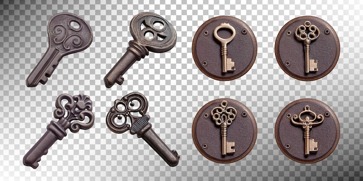 Free PSD vintage keys and keyholes on transparent background