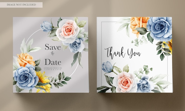 PSD gratuito set di biglietti d'invito per matrimonio vintage con fiore di primavera dell'acquerello